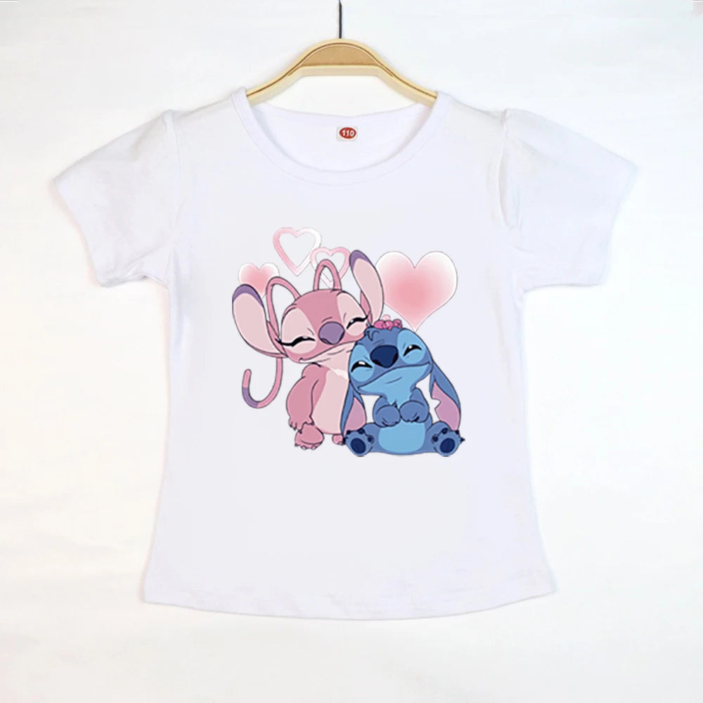 Kid Tops Stitch Girls T Shirts Blue Pink White T-shirts for Kids Teen Girl Clothes Birthday Shirt Top T-SHIRT Children 3-12 Year
