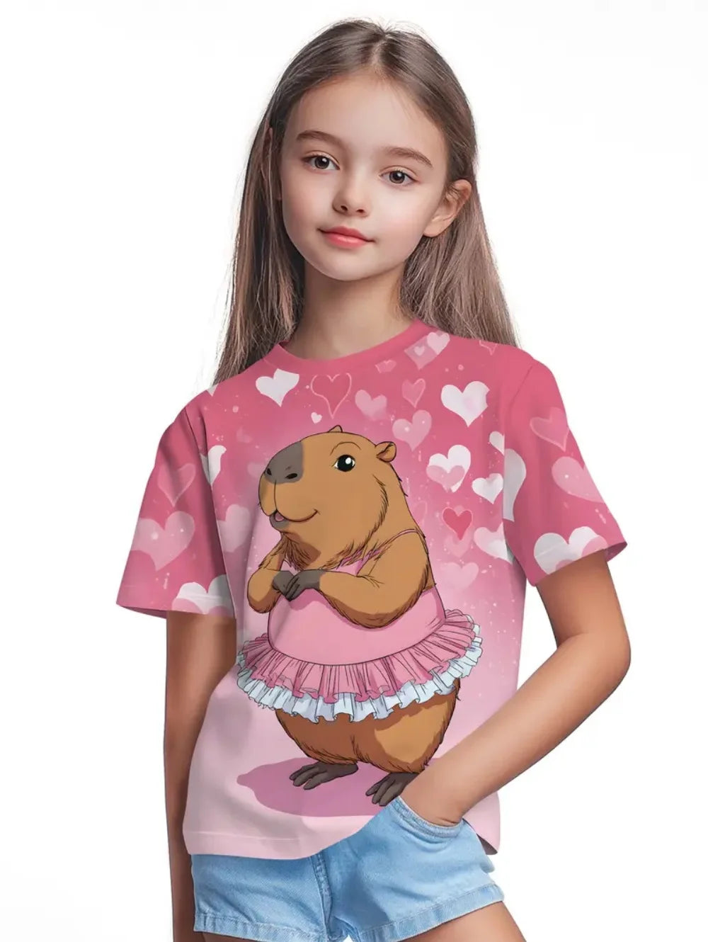 T-Shirts for Girls Fashion Capybara Children Clothes Summer Girls Clothes 7 to 8 Years Tops Cute Cartoon Print Tee Child T-Shirt