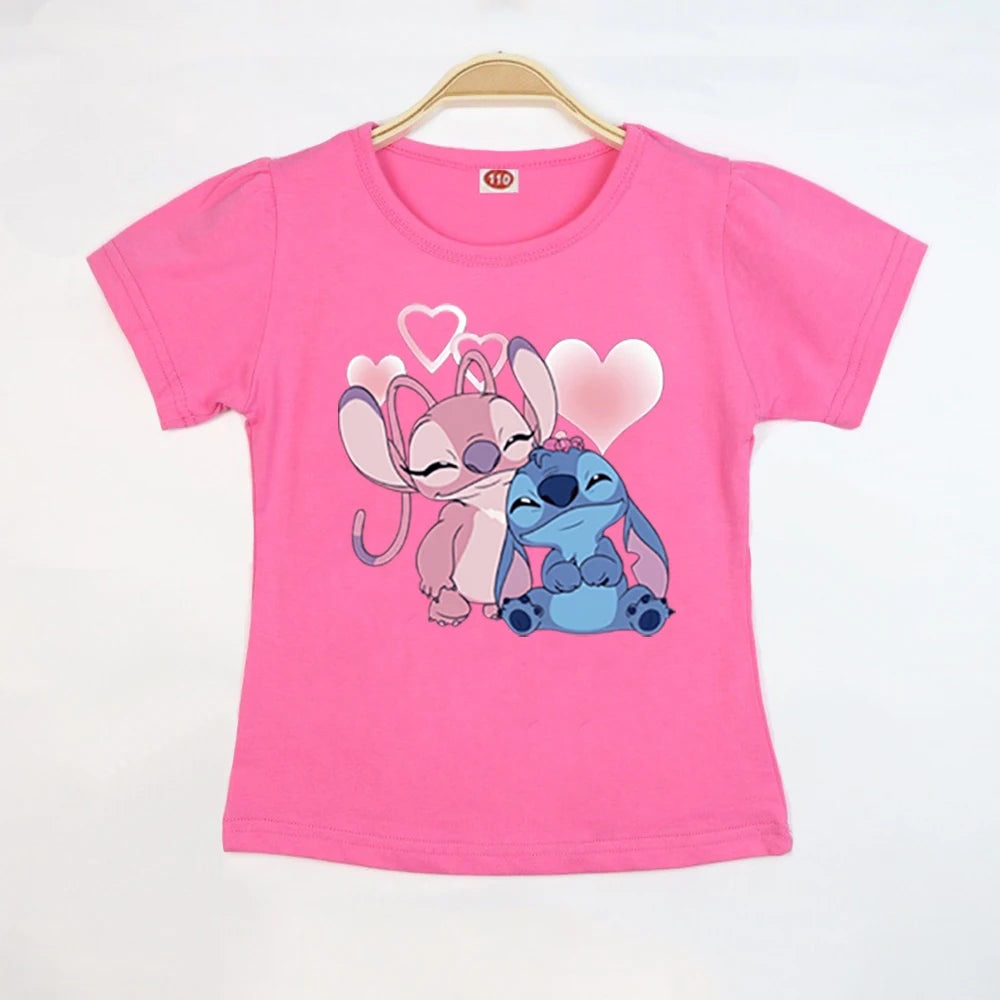 Kid Tops Stitch Girls T Shirts Blue Pink White T-shirts for Kids Teen Girl Clothes Birthday Shirt Top T-SHIRT Children 3-12 Year