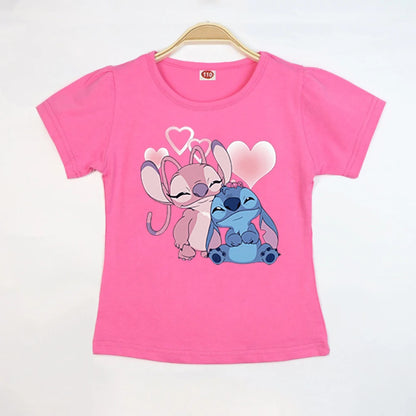 Kid Tops Stitch Girls T Shirts Blue Pink White T-shirts for Kids Teen Girl Clothes Birthday Shirt Top T-SHIRT Children 3-12 Year