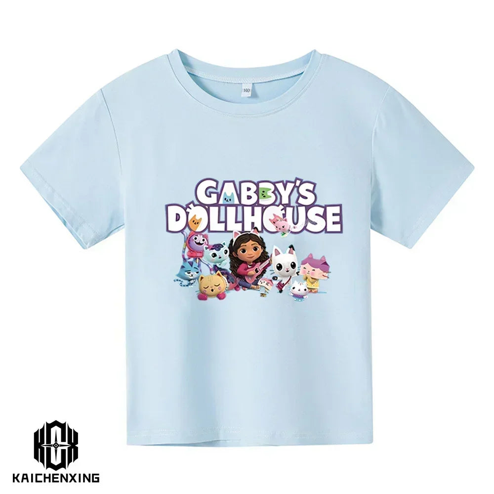 Little Girl T-shirts Kawaii Gabbys Doll House T Shirt Graphic Print Cute Kids Clothes Pink Tshirts Aesthetic Girls Clothes Top
