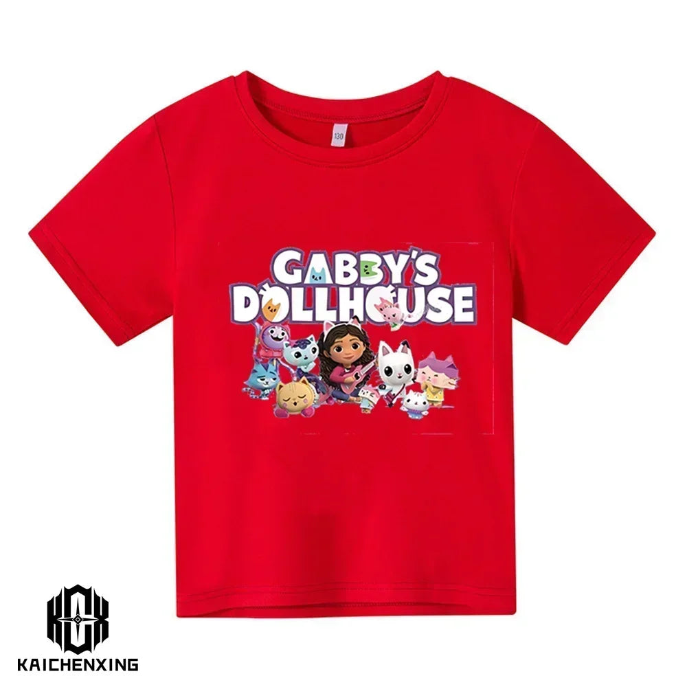 Little Girl T-shirts Kawaii Gabbys Doll House T Shirt Graphic Print Cute Kids Clothes Pink Tshirts Aesthetic Girls Clothes Top